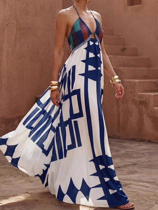 Dresses & Skirts - Multicolor Boho Women's Maxi Dress with Spaghetti Straps and Deep V-Neck